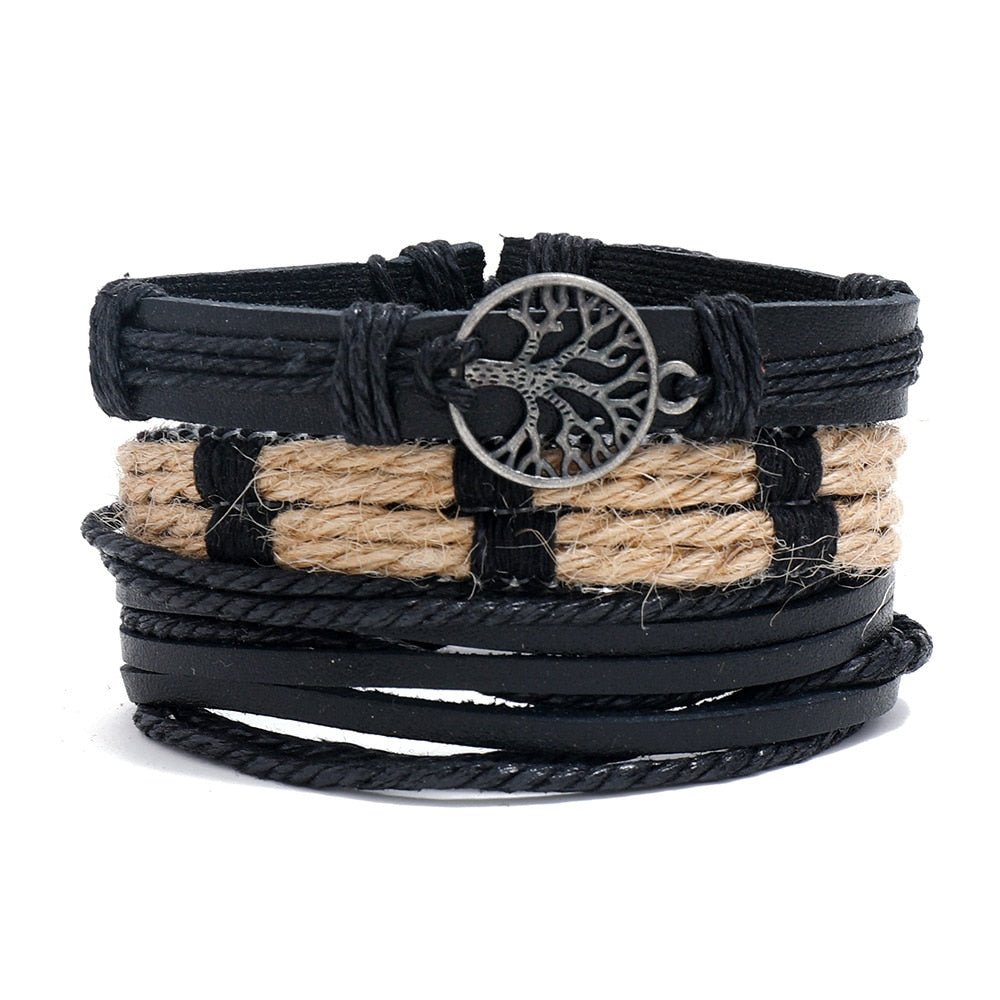 Bracelet Homme Cuir Multicouche Tressé Arbre de Vie Symbole Moto Bracelet Ethnique - Bijoux De Lune