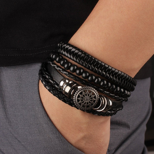 Bracelet Homme Cuir Multicouche Tressé Arbre de Vie Symbole Moto Bracelet Ethnique - Bijoux De Lune