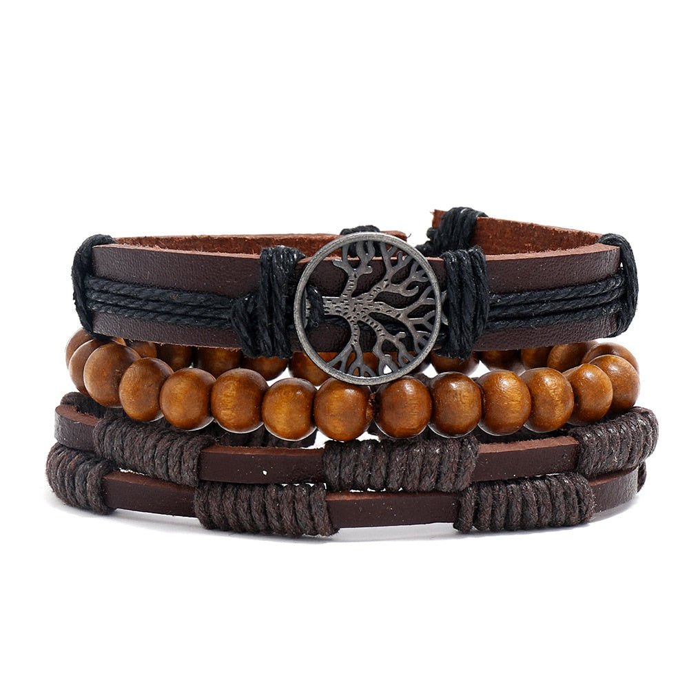 Bracelet Homme Cuir Multicouche Tressé Arbre de Vie Symbole Moto Bracelet Ethnique - Bijoux De Lune