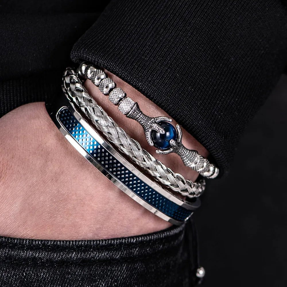 Bracelet Homme Luxe Acier Fait Main Avec Des Cordes d'Aigle En Pierre Naturelle Œil De Tigre - Bijoux De Lune