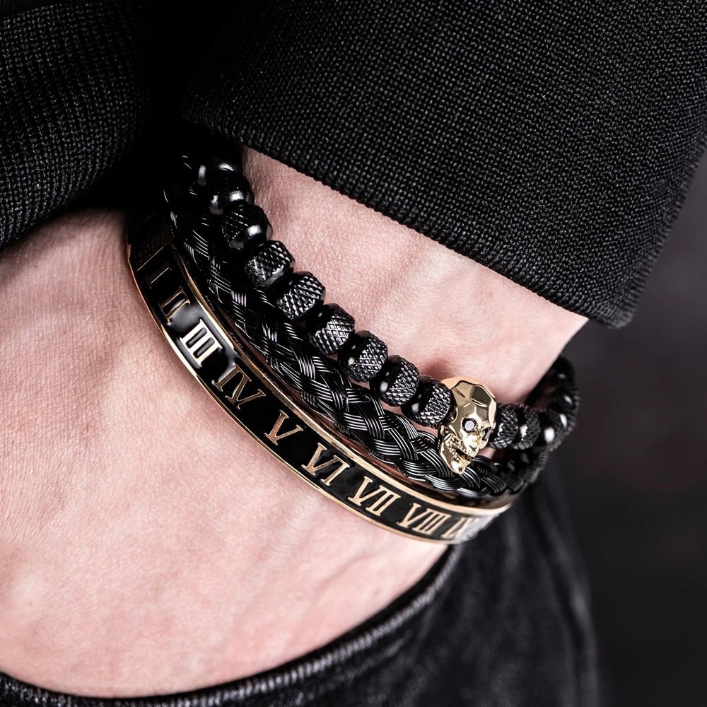 Bracelet Homme Luxe Crâne Charme Noir En Acier Inoxydable - Bijoux De Lune