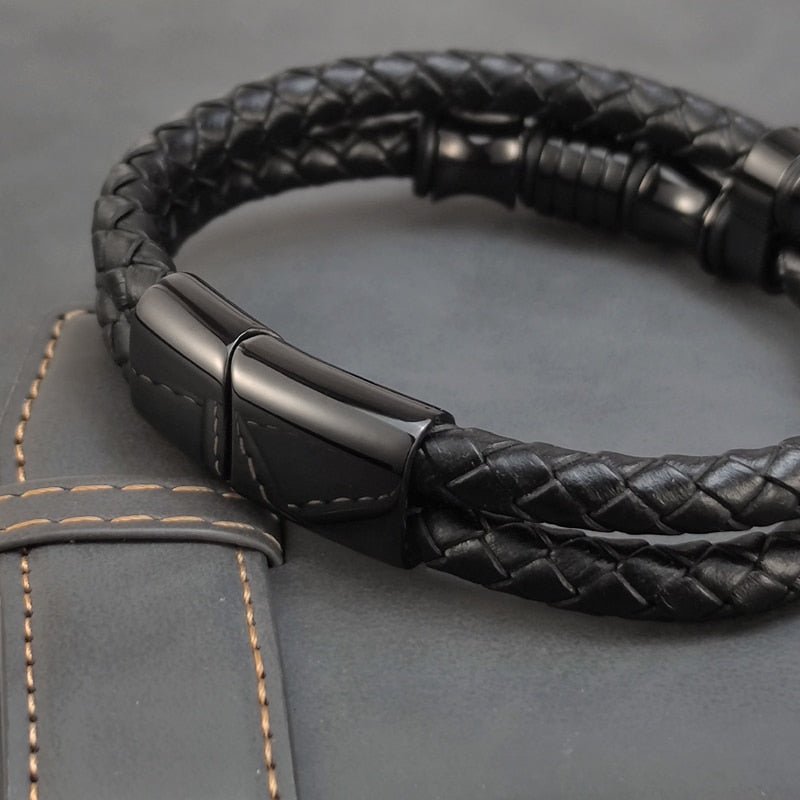 Bracelet Homme Luxe En Cuir Noir Véritable Avec Boucle Magnétique - Bijoux De Lune
