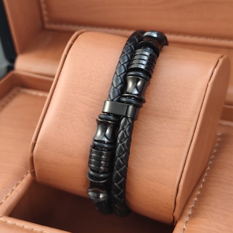 Bracelet Homme Luxe En Cuir Noir Véritable Avec Boucle Magnétique - Bijoux De Lune