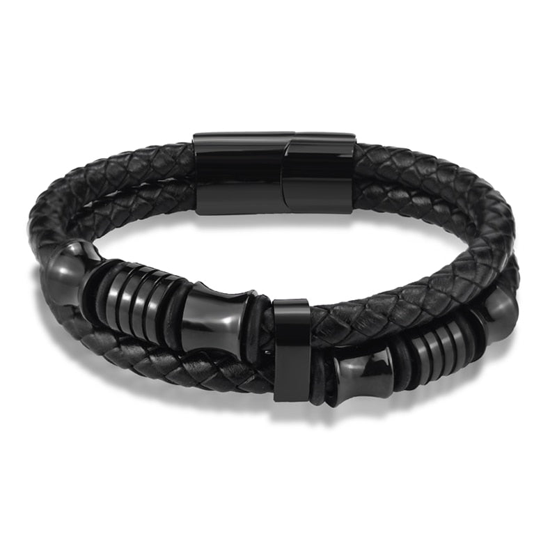 Bracelet Homme Luxe En Cuir Noir Véritable Avec Boucle Magnétique - Bijoux De Lune