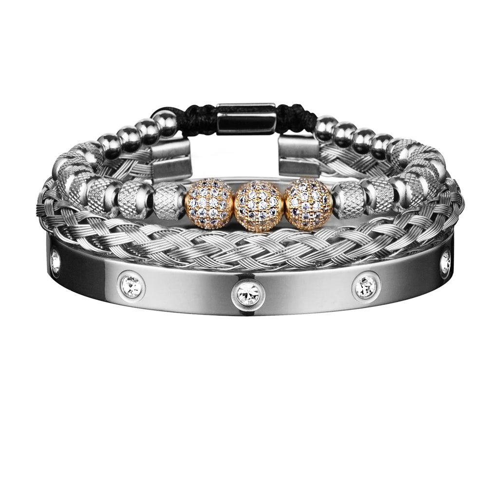 Bracelet Homme Luxe Perles Rondes Breloques Royales Acier - Bijoux De Lune