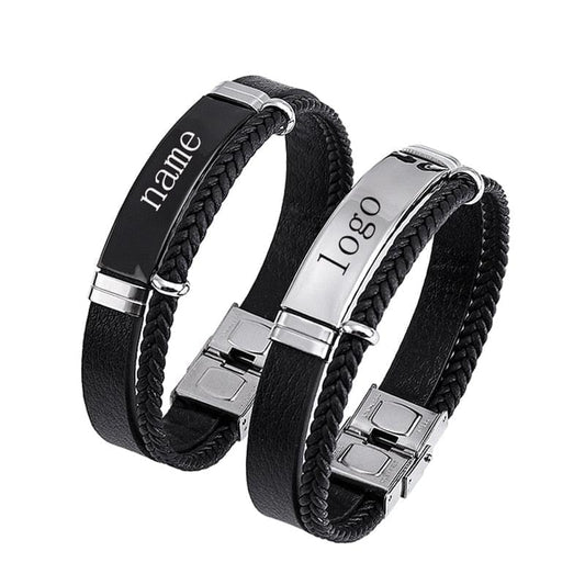 Bracelet Tricoté Cuir Personnalisé Pour Homme Manchette Acier Inoxydable Gravé Nom ou Symbole - Bijoux De Lune